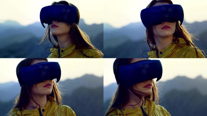 戴着虚拟现实眼镜的年轻女子欣赏美景