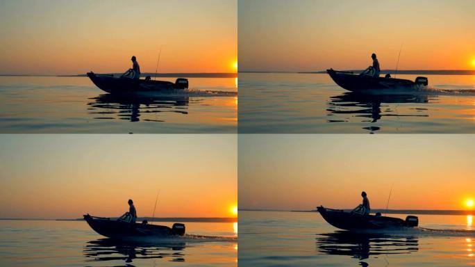 日出水景，有一艘渔船和两个人在里面