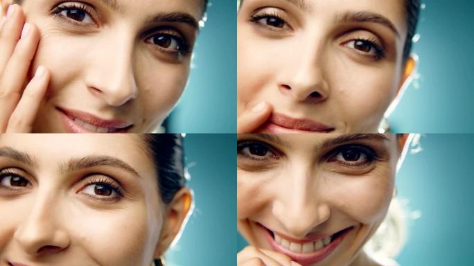 微笑的中东族裔女性皮肤护理。涂抹面霜