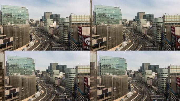 延时: 日本银座的高速公路和东京城市景观的鸟瞰图