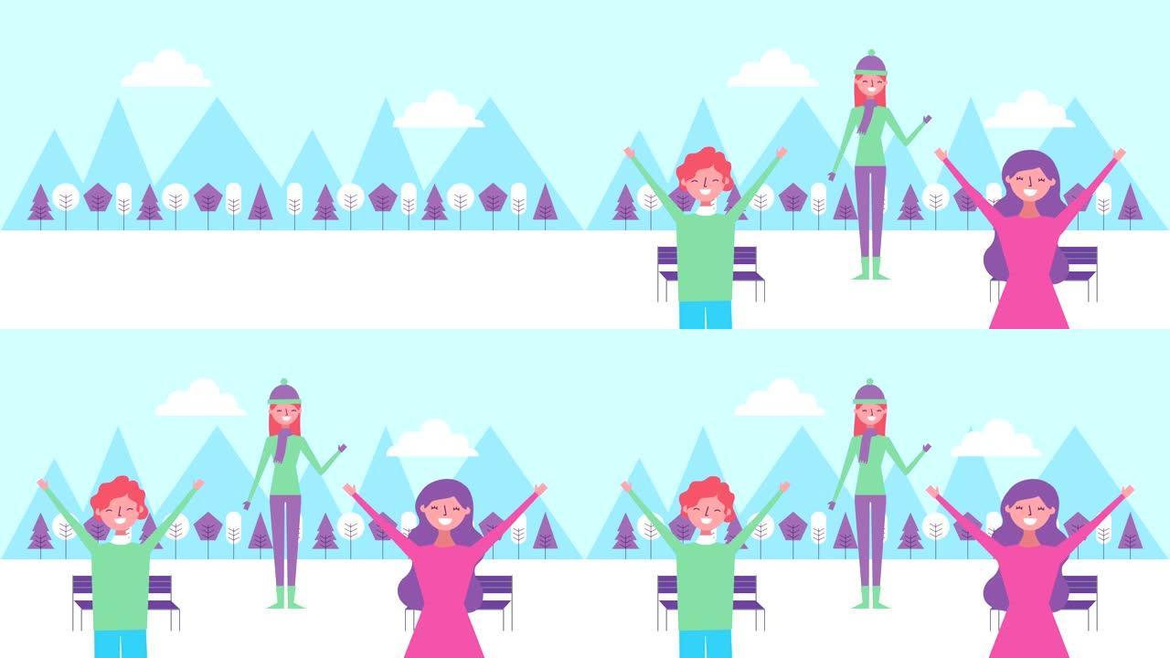 妇女和森林的冬季雪景场景