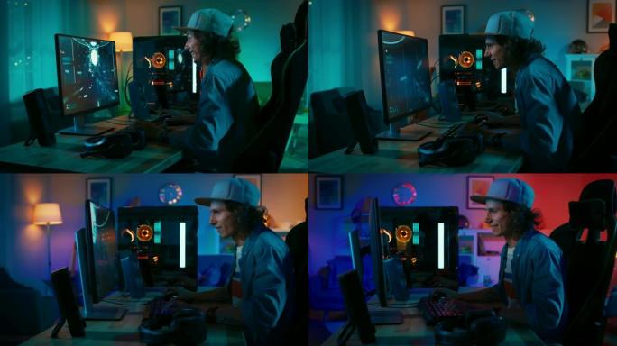 专业玩家在他强大的个人电脑上玩第一人称射击游戏在线视频游戏。房间和电脑有彩色霓虹灯。年轻人戴着帽子。