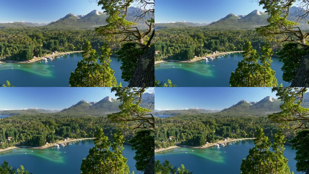 查看拉安格斯图拉别墅，阿根廷，巴塔哥尼亚，湖区。蓝湾，绿树群山。UHD, 4K