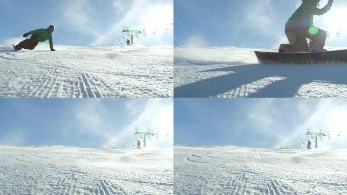 慢动作: 赛车滑雪者在冰冷的滑雪坡上雕刻