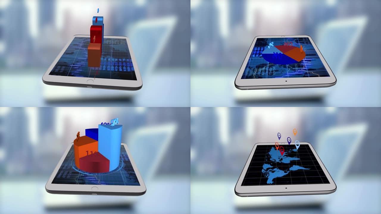 公司在数字平板电脑上带有动画彩色条形图的成功销售数字