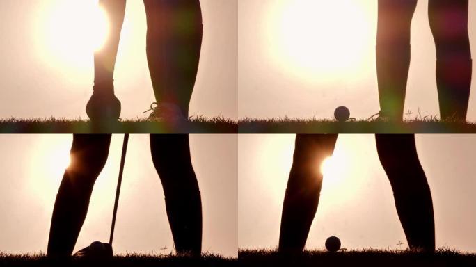 手中的Sillouette将高尔夫球放在高尔夫球场上的发球区。体育电影。自信，力量，技能，力量，成功