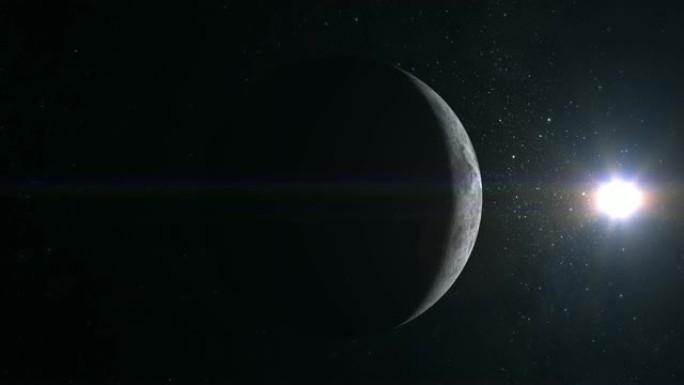 月亮。月亮的一小部分被太阳照亮。从太空看。星星闪烁。4K.太阳在右边。