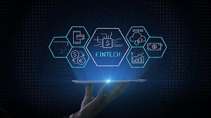 举起智能平板电脑，平板电脑，Fin-tech图标和各种图形。未来的金融技术。4k电影。