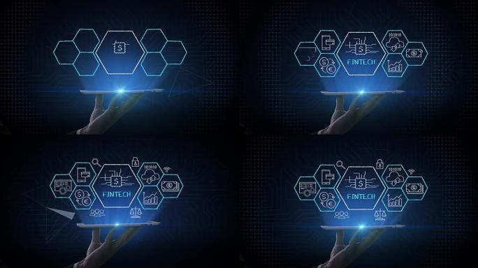 举起智能平板电脑，平板电脑，Fin-tech图标和各种图形。未来的金融技术。4k电影。