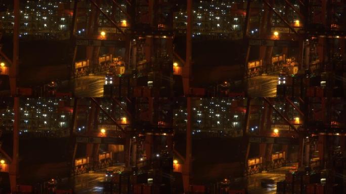 延时: 鸟瞰图夜间将货物装载到香港青衣港的cago船上