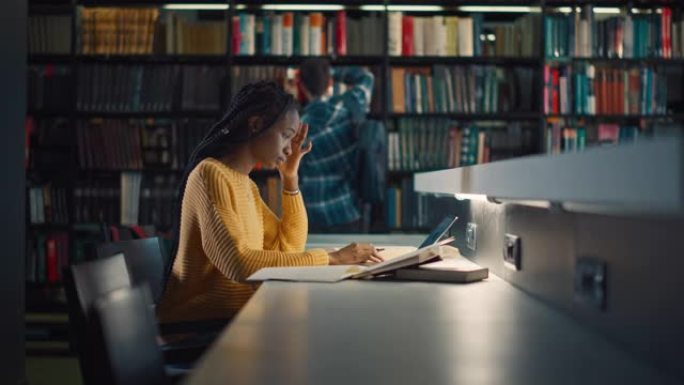 大学图书馆:有天赋的黑人女孩使用笔记本电脑，为论文写笔记，论文，为课堂作业学习。学生们正在为考试而学