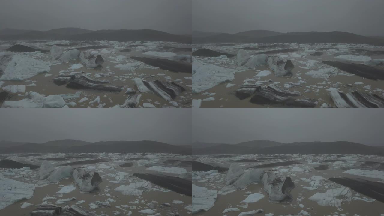 夏季阴天期间，冰岛冰川泻湖上的无人机视图