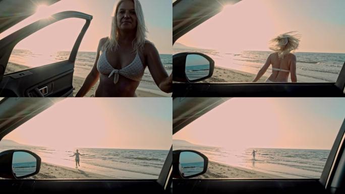 MS到WS肖像比基尼的年轻女子从汽车驶入意大利普利亚阳光明媚的海浪