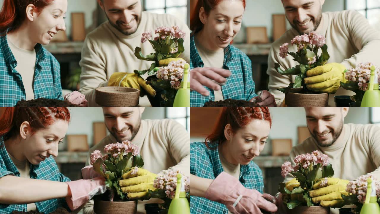 幸福的年轻夫妇一起种花