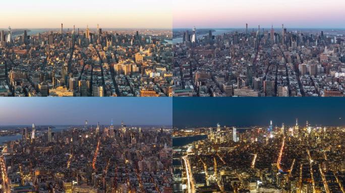 纽约天际线白天到晚上的延时顶视图