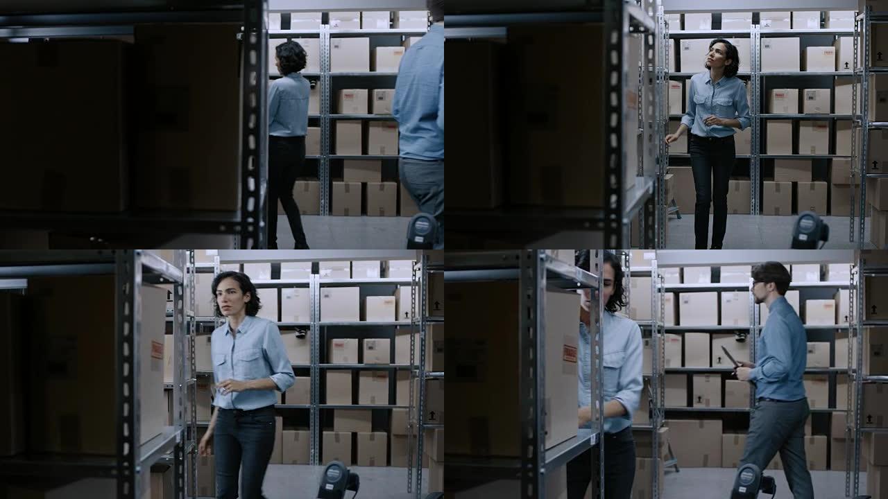 男性和女性仓库库存经理检查货架上的纸箱库存。在后台干净的储藏室，里面有包裹和盒子。