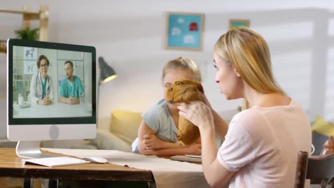 女人和女孩视频呼吁兽医关于他们的豚鼠