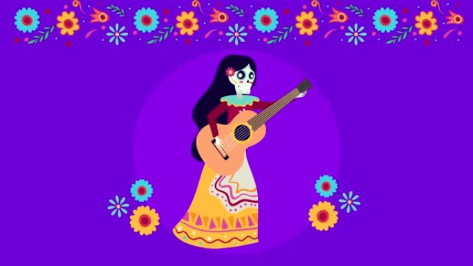 viva mexico动画与catrina skull弹吉他角色
