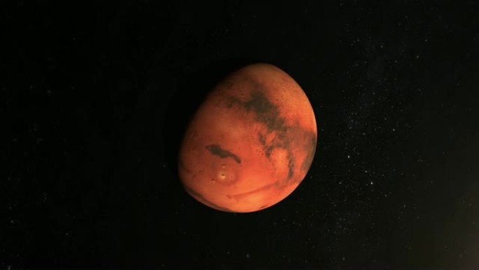 火星缓慢旋转。摄像机正在接近地球。火星的一个大表面被左下方的太阳照亮。从太空看。星星闪烁。4K。