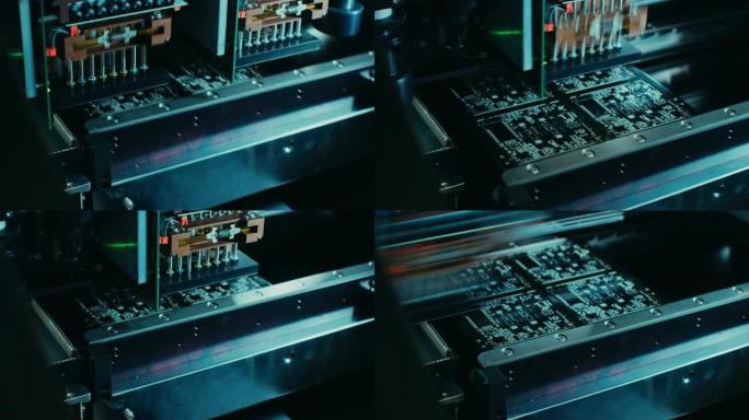 工厂机器在工作: 印刷电路板与自动机械臂组装在一起，表面安装技术将微芯片连接到主板。延时宏特写镜头。