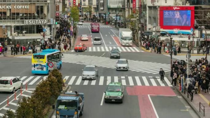 行人和汽车人群的4k时间流逝未定义的人步行立交桥日本东京都涩谷区的街道交叉路口。日本文化和购物区概念