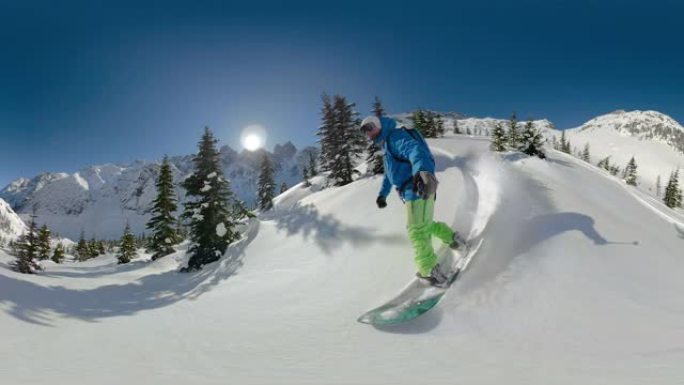 360VR: 凉爽的滑雪者在不列颠哥伦比亚省的一座未触及的山脉上加速前进。