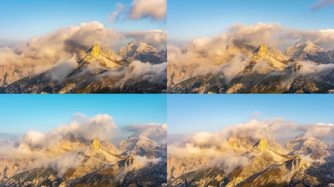 WS延时云在阳光明媚的崎岖山脉上移动，Tre Cime di Lavaredo，多洛米蒂，意大利