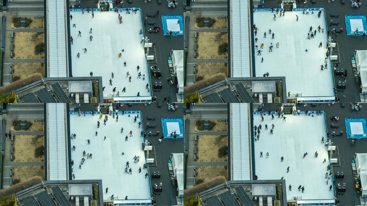 在日本东京市的东京晴空塔镇滑冰公园，溜冰场与人群的4k时间流逝。日本文化和活动理念