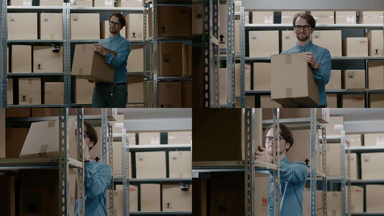仓库工人把纸板箱放在架子上。在背景中，成排的货架上摆满了纸箱和包裹，里面装满了准备装运的产品。