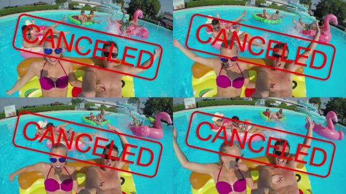 自拍照: 取消的标志覆盖了在游泳池聚会的游客的笑脸