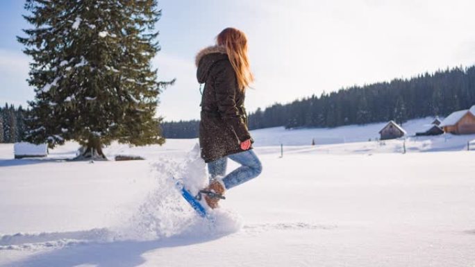 在美丽的晴天，雪鞋穿越神奇的冬季自然
