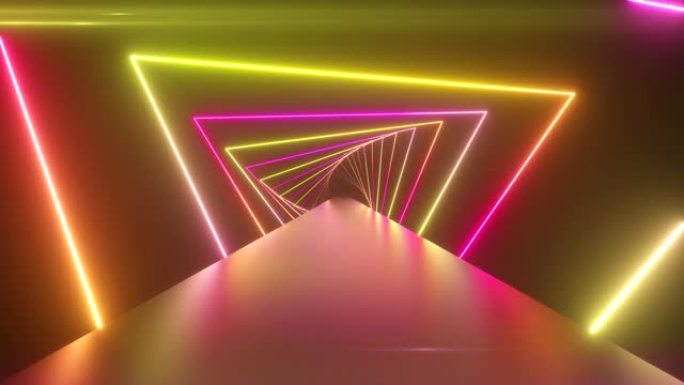 飞行通过发光的旋转霓虹灯三角形创造一个隧道，蓝色红色粉色紫色光谱，荧光紫外线，现代七彩照明，4k循环