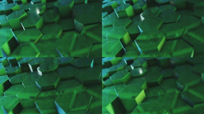 具有景深的抽象移动六边形绿色背景，无缝3d循环动画