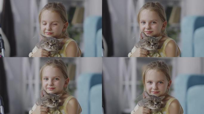 抱着猫的女孩外国小姑娘猫咪萌宠