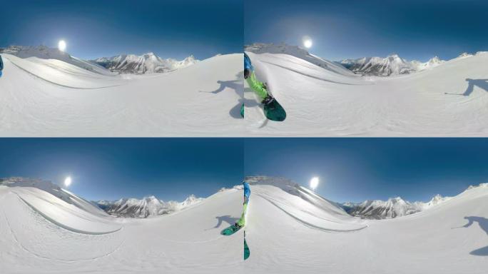 自拍照: 极端男性滑雪者在令人惊叹的落基山脉中切碎新鲜的粉末。