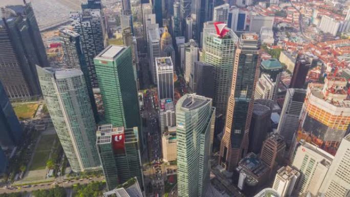 新加坡摩天大楼商业区和现代建筑外观的4k分辨率鸟瞰图，无人机视角，背景正上方，亚洲著名景点，旅游景点