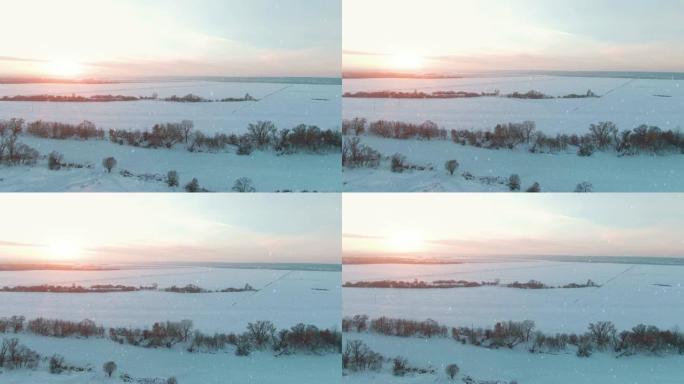 4k鸟瞰图，落雪在日落的冬日晴天