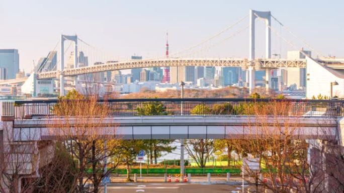 日本台场东京市彩虹桥和东京塔城市景观的时间流逝