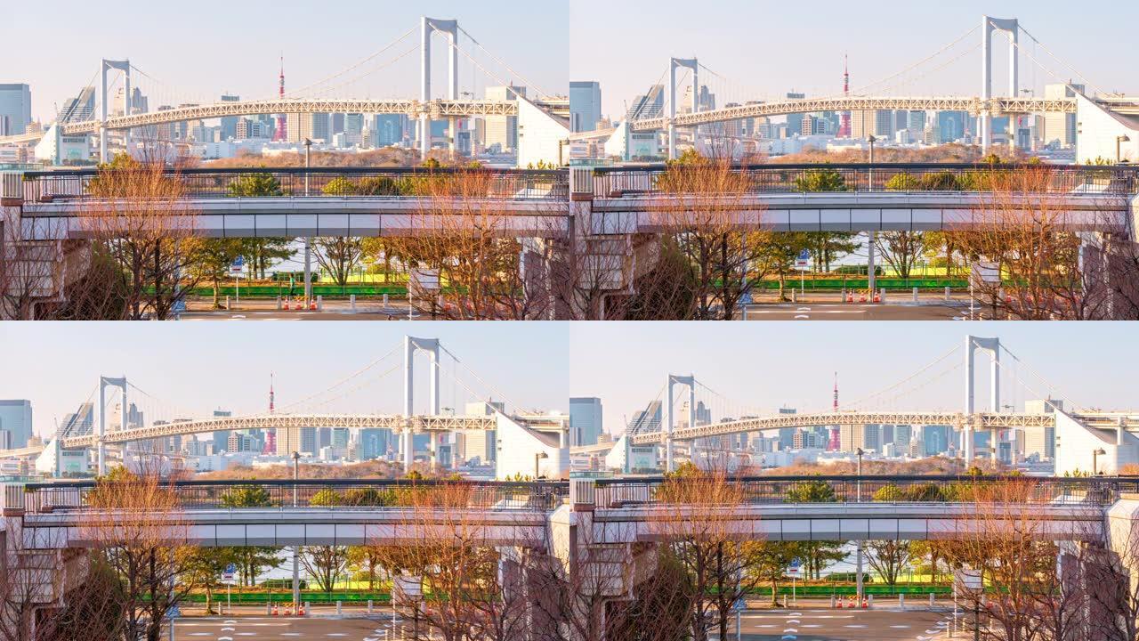 日本台场东京市彩虹桥和东京塔城市景观的时间流逝