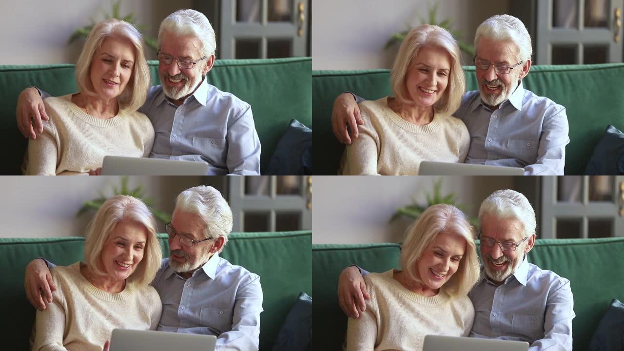 快乐的老夫妻笑着用笔记本电脑上网购物