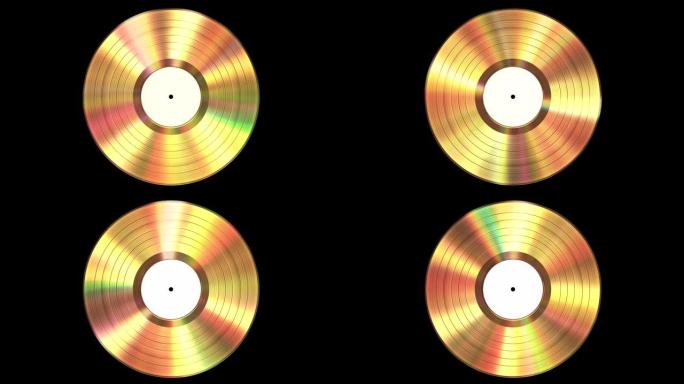 黑色背景上带有阿尔法通道的虹彩金色乙烯基唱片。无缝循环。4K。