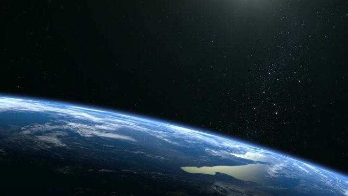 地球。从太空看。星星闪烁。摄像机从地球的右边飞过。4K。地平线向右转动。3D体积云。现实的氛围。框架