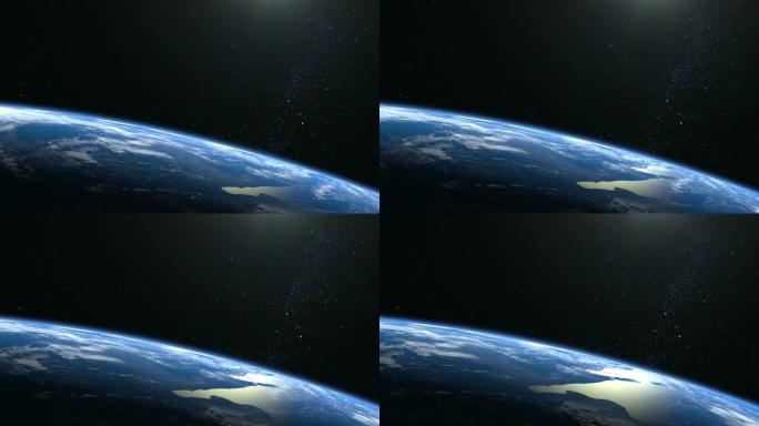 地球。从太空看。星星闪烁。摄像机从地球的右边飞过。4K。地平线向右转动。3D体积云。现实的氛围。框架