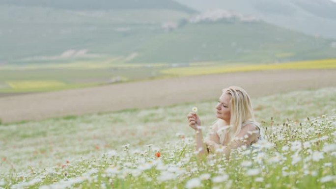 宁静的年轻女子女士在菊花野花的田园诗般的草地上，翁布里亚，意大利