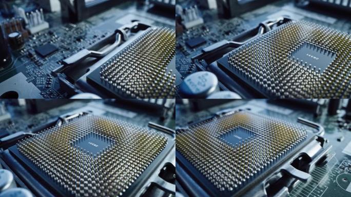 跟踪微距相机拍摄: 聚焦在CPU处理器插槽上。带有组件的印刷电路板/计算机主板: 电子设备内部，超级