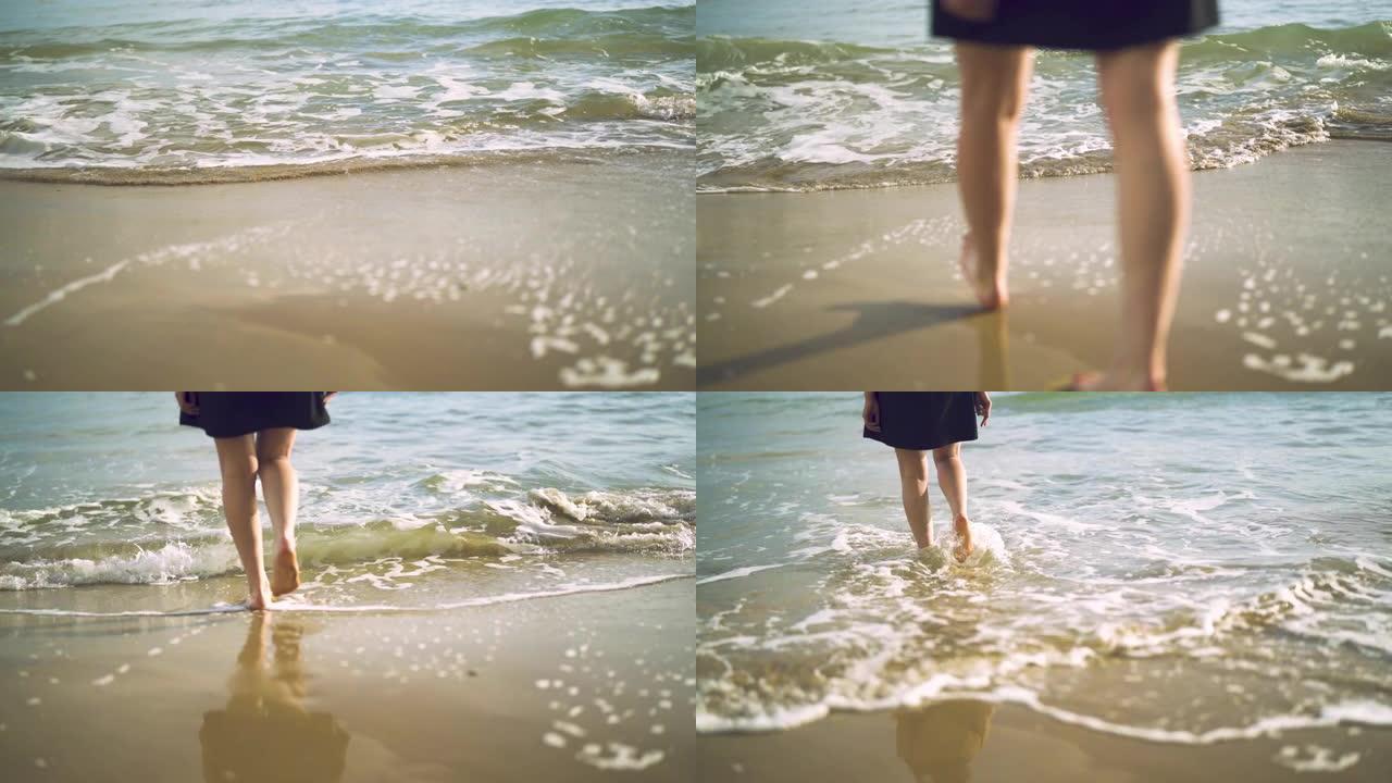 女孩走在海边赤脚光脚行走沙滩海浪