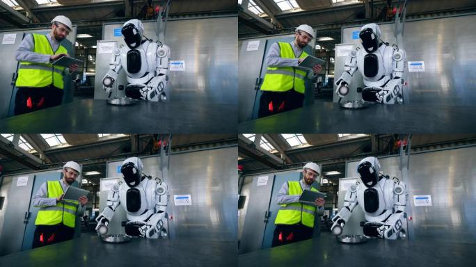工厂工人正在控制一个机器人抛光金属圆盘