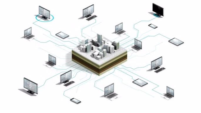 智慧城市连接物联网服务器系统。4k动画。