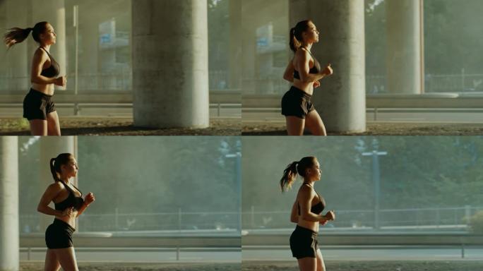 穿着黑色运动上衣和短裤的美丽丰满的健身女孩正在街上精力充沛地奔跑。她在城市环境中慢跑，背景是汽车。