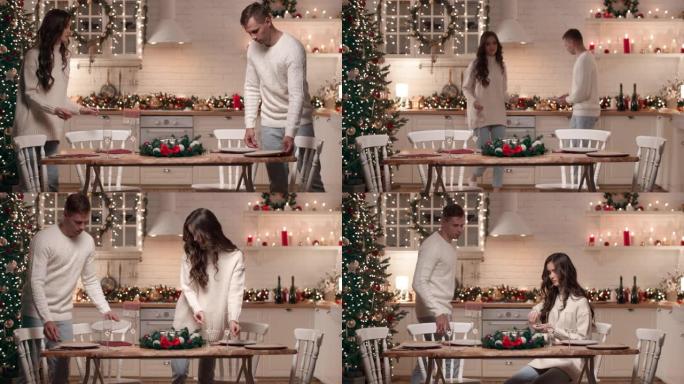 一对年轻夫妇正在为客人的到来准备圣诞晚餐。他们在客厅里摆放圣诞餐桌，点燃蜡烛。